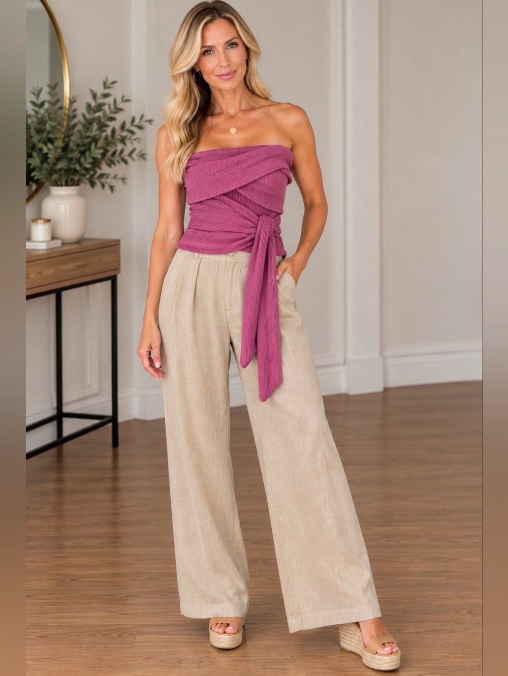 Mauve Ribbed Knit Wrap Strapless Top